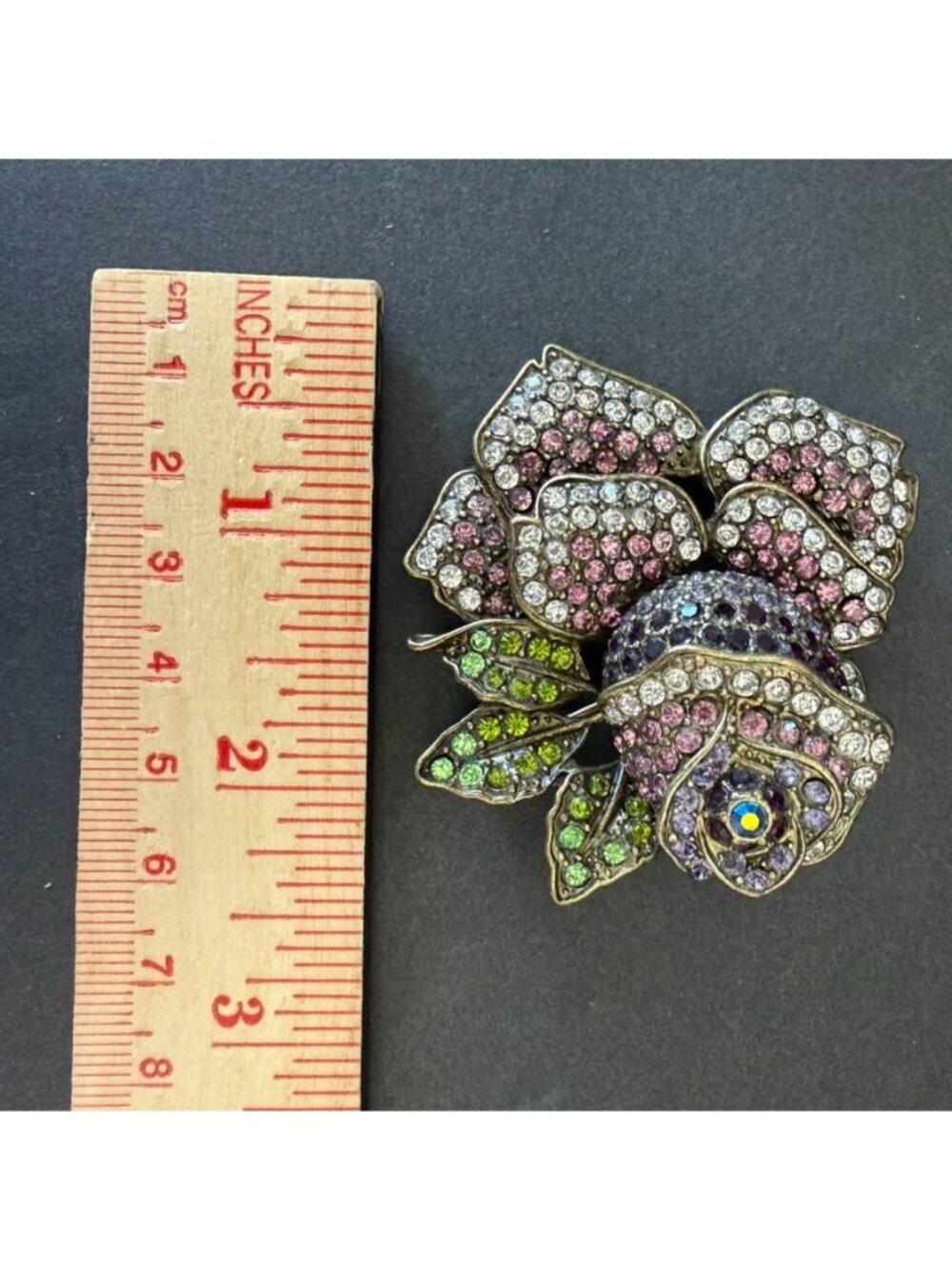 Vtg Joan Rivers Rose Brooch Pave Rhinestones Large Size Purple Pink & Green - Picture 5 of 6